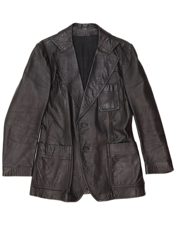 vintage Homme 2 Boutons Veste Blazer En Cuir UK 40 Grand Noir