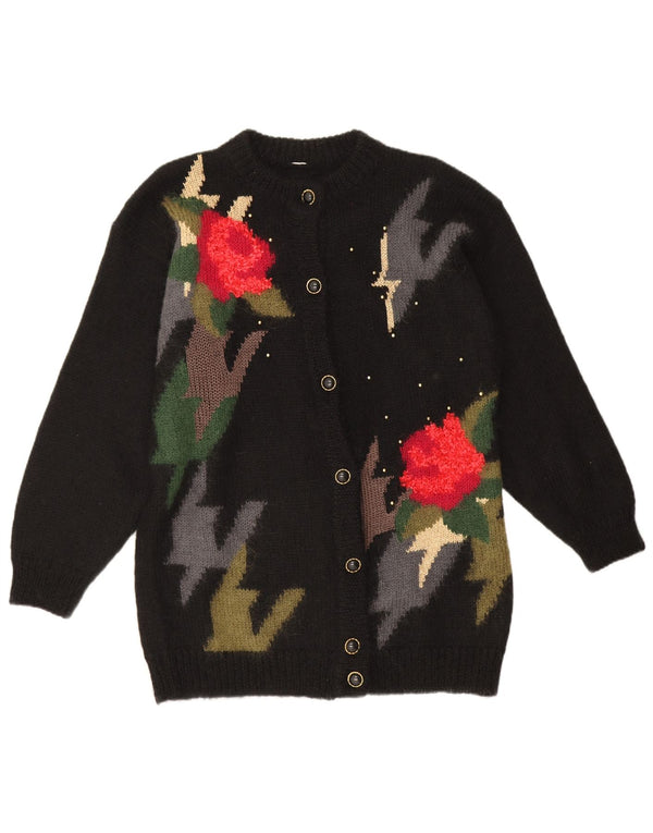 vintage Womens Jumper Sweater UK 16 Grand Acrylique Floral Noir