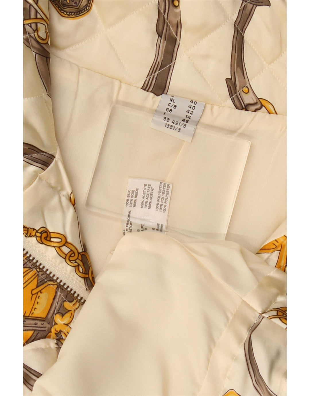 VINTAGE Gilet matelassé à motif abstrait pour femme UK 14 Grande soie blanc cassé