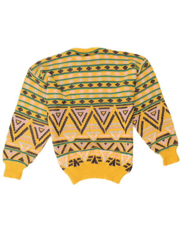 vintage Mens Crew Neck Jumper Pull Moyen Jaune Géométrique Coton