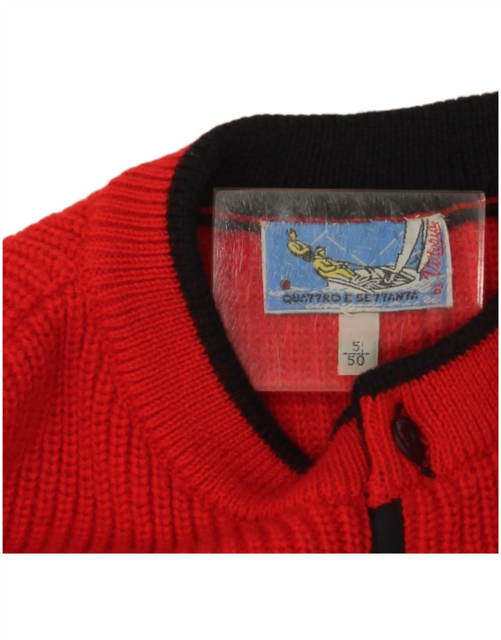 vintage Mens Crew Neck Jumper Pull IT 50 Laine Colorblock Rouge Moyen