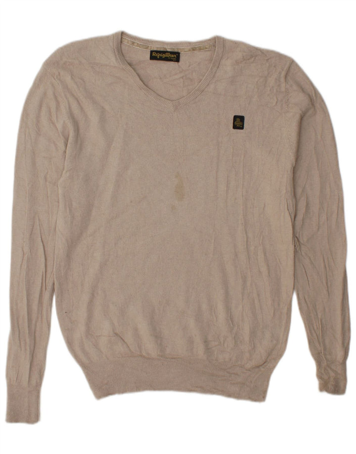 Refrigiwear Pull col V pour homme en soie beige Large