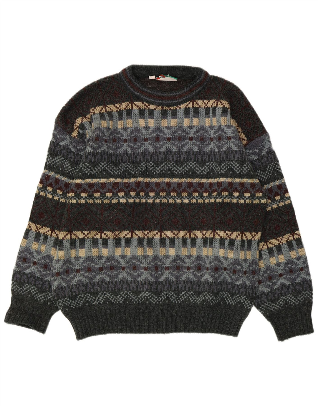 vintage Mens Crew Neck Jumper Pull UK 38/40 Gris Moyen Fair Isle