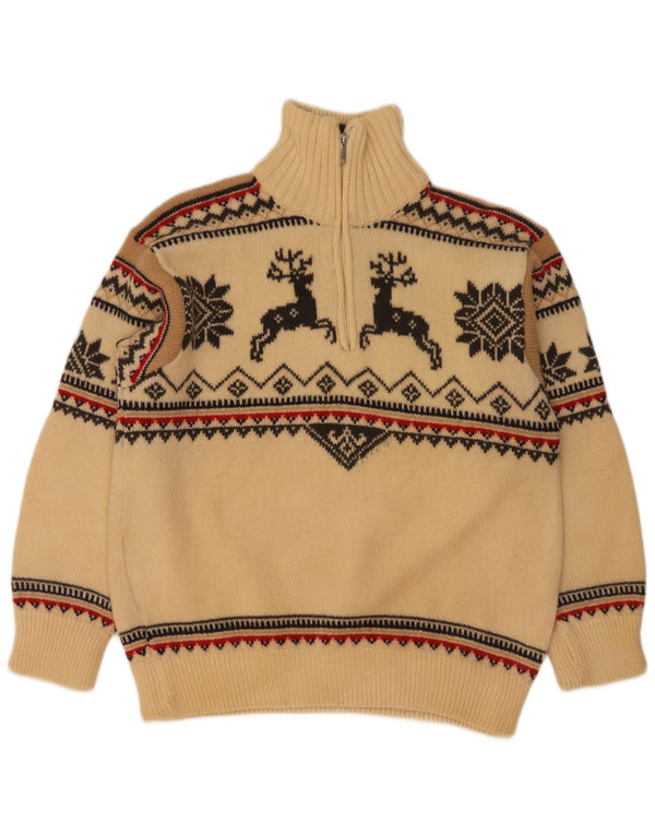 Kilkenny Pull à col zippé pour homme en laine Fair Isle beige