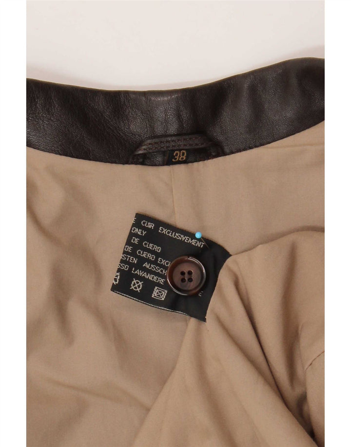 vintage Femme 3 Boutons Veste Blazer En Cuir EU 38 Cuir Marron Moyen