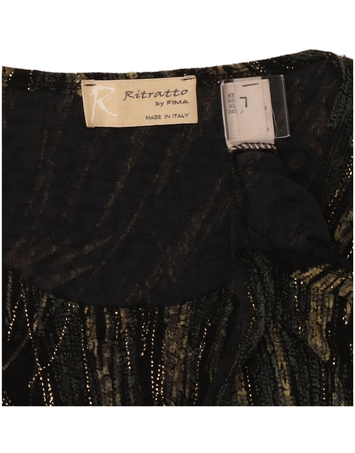 vintage Femmes Motif Abstrait Top Manches Longues UK 16 Grande Viscose Noire