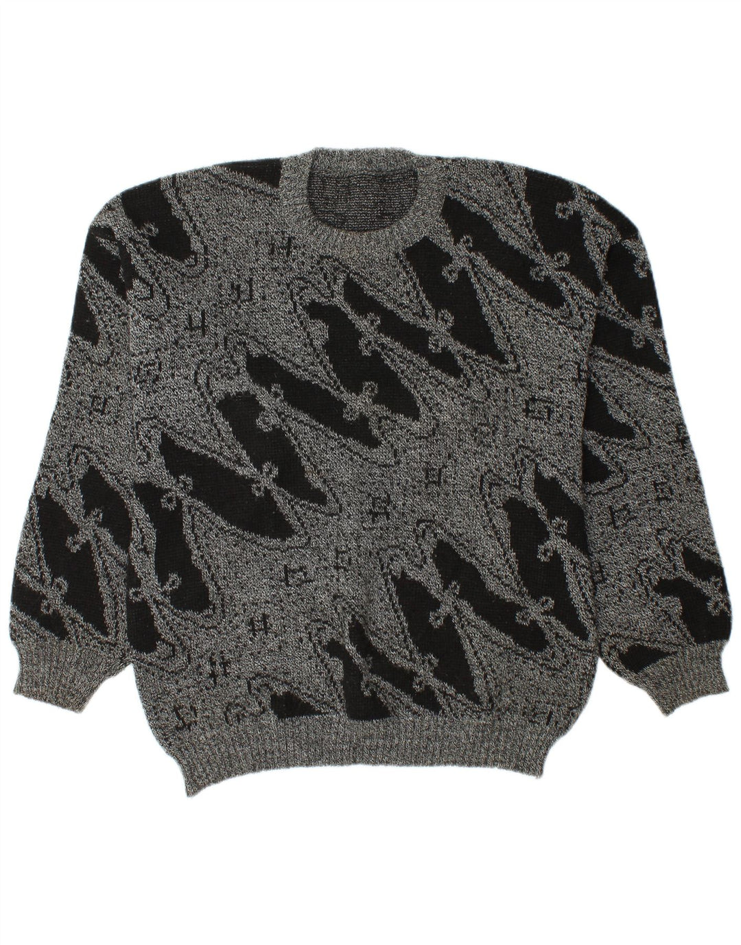 vintage Mens Crew Neck Jumper Pull Grand Gris Géométrique