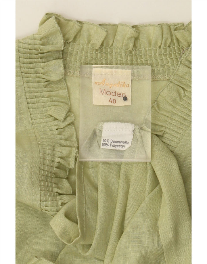 vintage Femmes 3/4 Manches Ruffle Front Blouse Top EU 40 Medium Khaki Heart