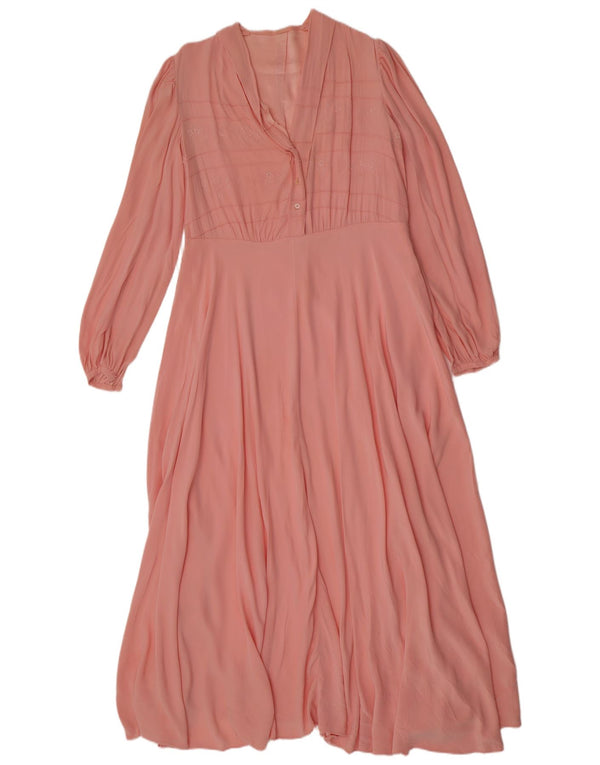 vintage Femmes Manches Longues Maxi Tea Dress UK 12 Moyen Rose Floral Rétro