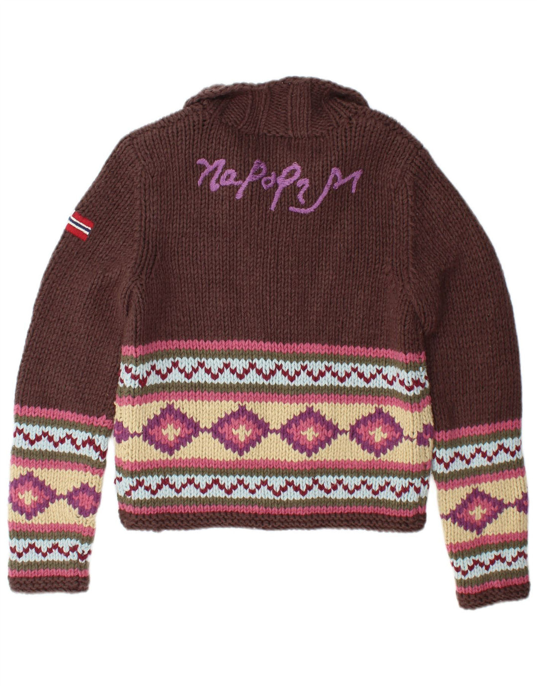 NAPAPIJRI Pull cardigan graphique pour femme UK 12 Marron moyen géométrique
