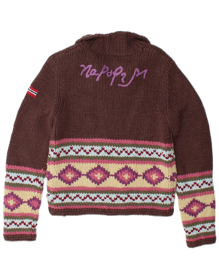 NAPAPIJRI Pull cardigan graphique pour femme UK 12 Marron moyen géométrique