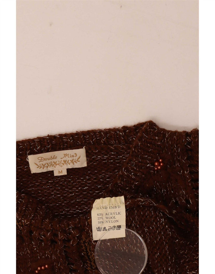 vintage Femmes Crew Neck Jumper Pull UK 14 Medium Brown Patchwork