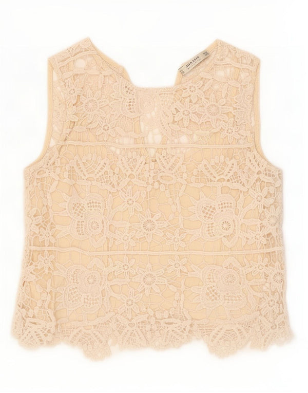 Zara Chemisier court sans manches en dentelle pour femme UK 4 XS Beige Floral Coton