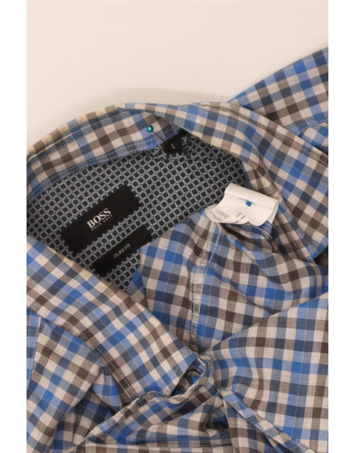 Hugo Boss Chemise Slim Fit en coton à grands carreaux bleus
