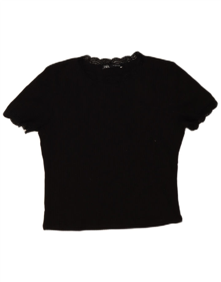 Zara Womens Crop Blouse Top UK 14 Grand Coton Noir