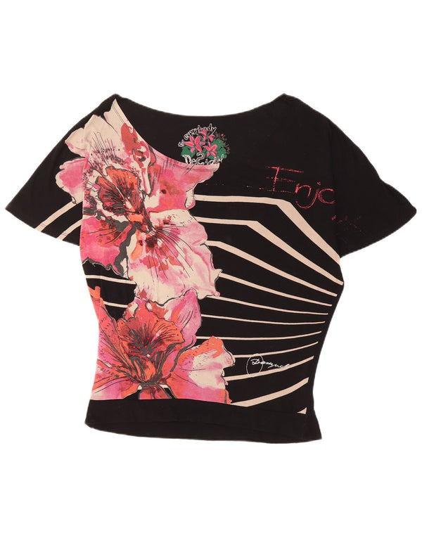 Desigual T-shirt graphique surdimensionné pour femme UK 10 Petit noir floral