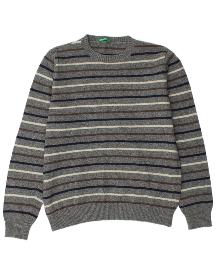 Benetton Pull Col Rond Homme Gris Moyen Rayé