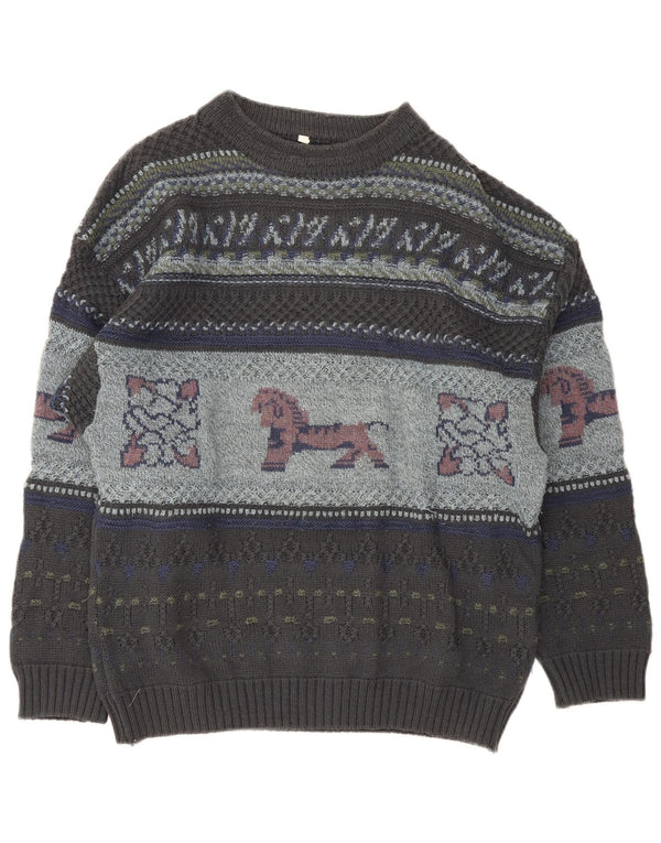 vintage Mens Graphic Crew Neck Jumper Pull XL Gris Fair Isle Laine