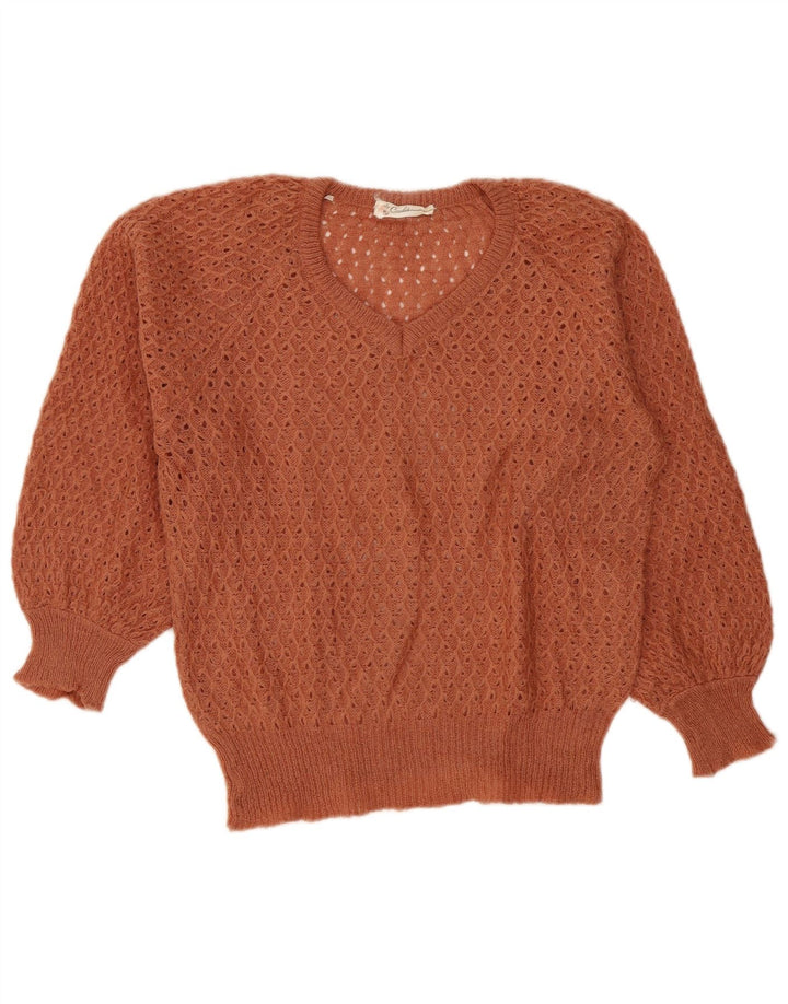 vintage Femme Col V Pull Pull IT 42 Brun Moyen