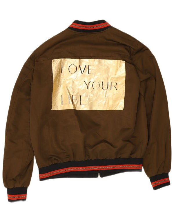 Zara Womens Graphic Bomber Jacket UK 14 Moyen Kaki Rayé