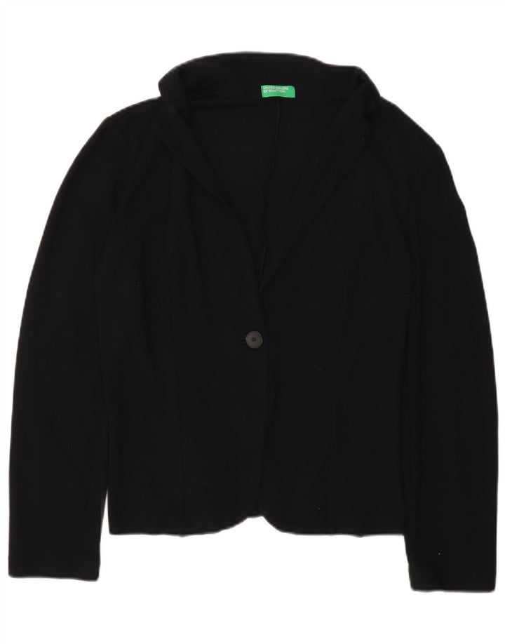 BENETTON Veste blazer 1 bouton pour femme UK 16 Large Noir Viscose