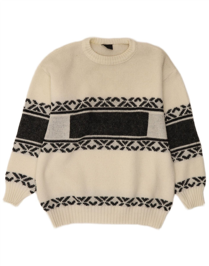 vintage Mens Crew Neck Jumper Pull Moyen Blanc Fair Isle