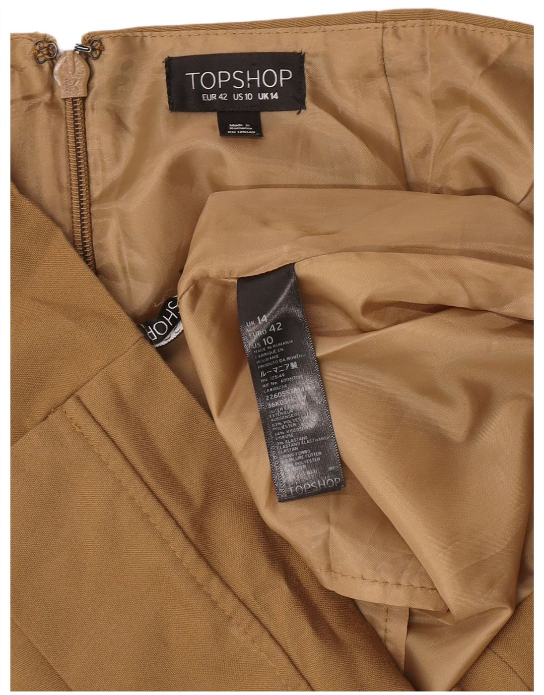 Topshop Mini jupe femme UK 14 Large W32 Kaki Polyester