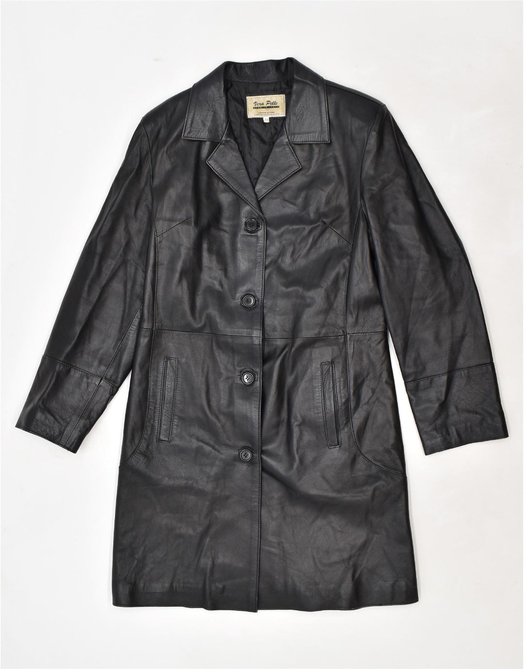 VINTAGE Manteau en Cuir Femme IT 48 XL Cuir Noir