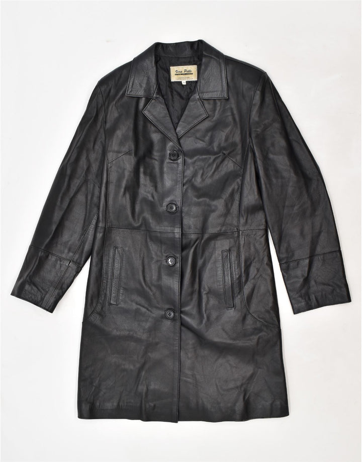 VINTAGE Manteau en Cuir Femme IT 48 XL Cuir Noir