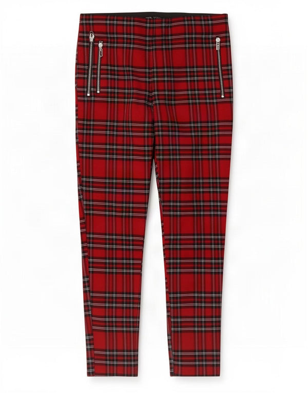 Zara Pantalon décontracté skinny pour femme XL W32 L27 Viscose à carreaux rouge