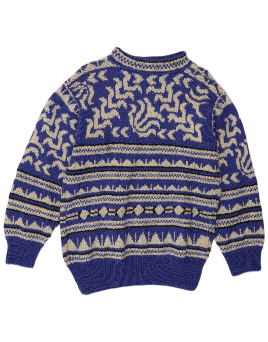 vintage Mens Turtle Neck Jumper Pull Moyen Bleu Géométrique