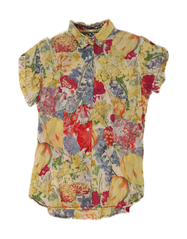 Ganesh Chemise à manches courtes pour femme UK 14 Coton floral jaune moyen