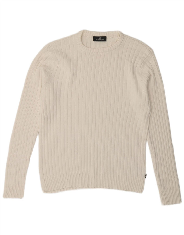 vintage Mens Crew Neck Jumper Pull Petit Coton Blanc