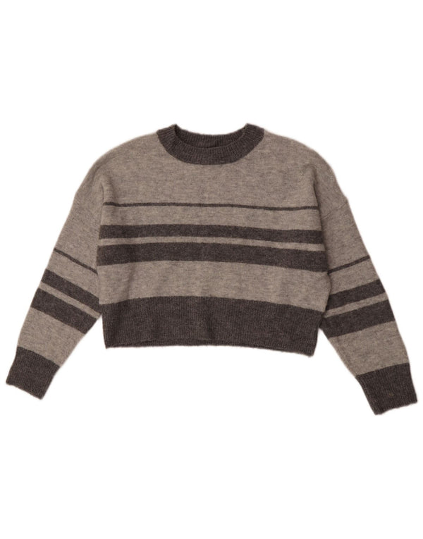 Topshop Femme Petite Crop Ras du Cou Pull UK 8 Petit Gris Rayé