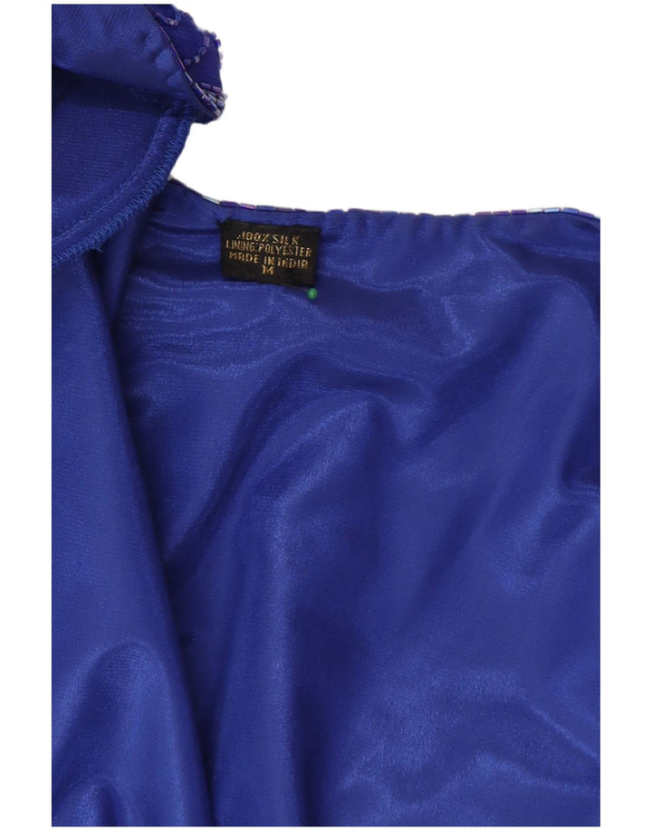 vintage Femme Crop Blazer Veste UK 14 Soie Bleu Moyen