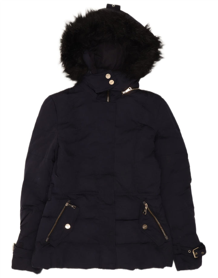 ZARA Veste matelassée à capuche pour femme UK 10 Petit nylon bleu marine