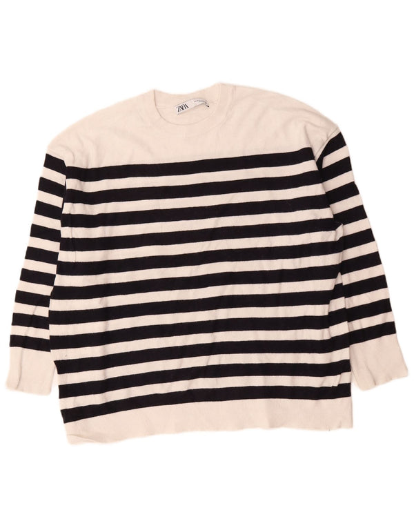 Zara Pull surdimensionné à col rond pour femme UK 14 Rayé blanc moyen