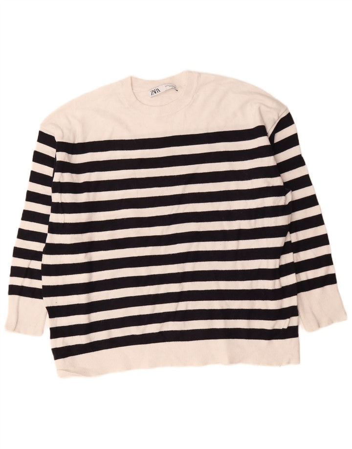 Zara Pull surdimensionné à col rond pour femme UK 14 Rayé blanc moyen