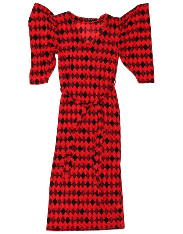 ZARA Robe longue à manches courtes pour femme UK 12 Medium Red Argyle/Diamond Nylon
