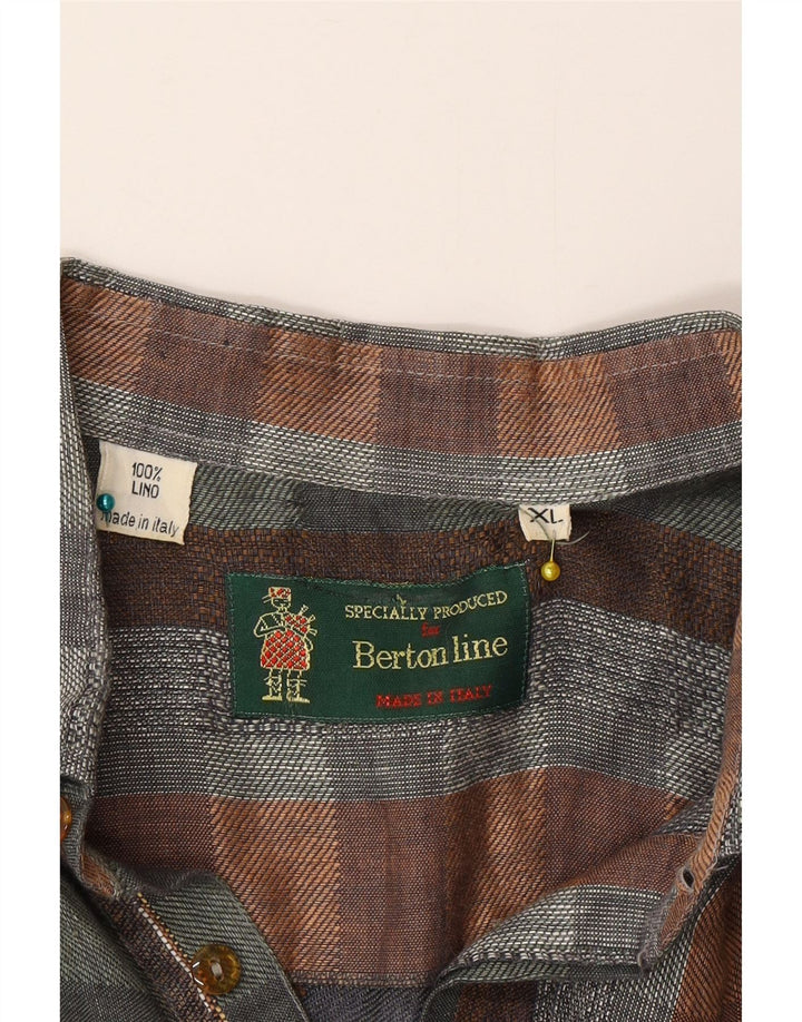 vintage Homme Manches Courtes Pull Chemise XL Multicolore Check Lin