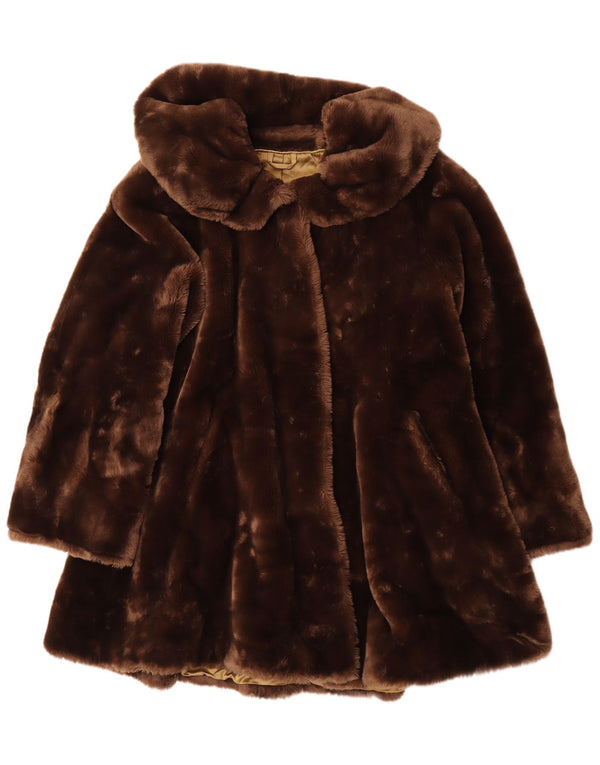vintage Femmes Surdimensionné Fausse Fourrure Pardessus IT 44 Acrylique Brun Moyen