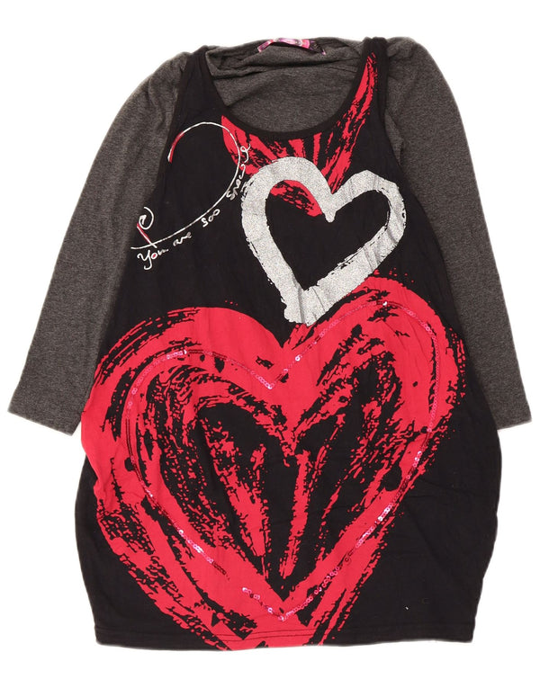 Desigual Robe Bulle Graphique à Manches Longues Fille 7-8 Ans Coeur Noir