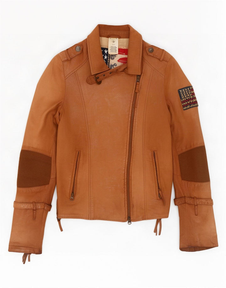 True Religion Veste de motard en cuir pour femme UK 10 Small Beige Colourblock