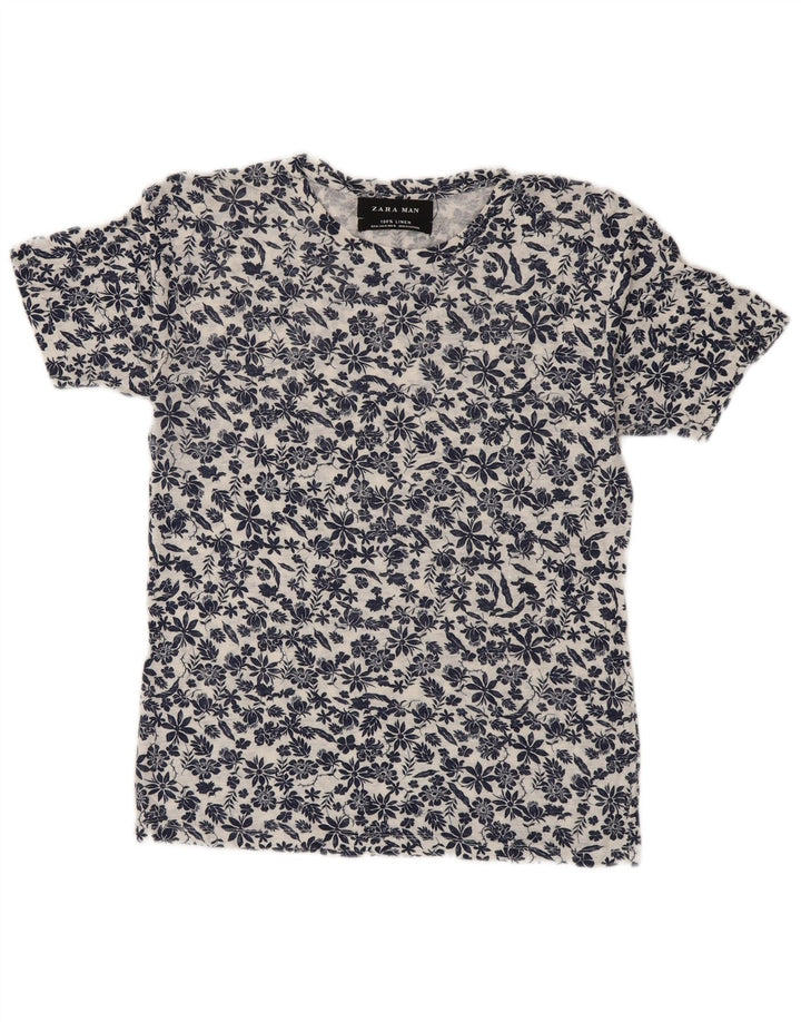 Zara Homme T-Shirt Top Medium Blanc Floral Lin