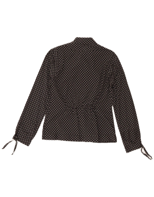 vintage Femmes Manches Longues Blouse Top UK 14 Moyen Noir Géométrique Coton
