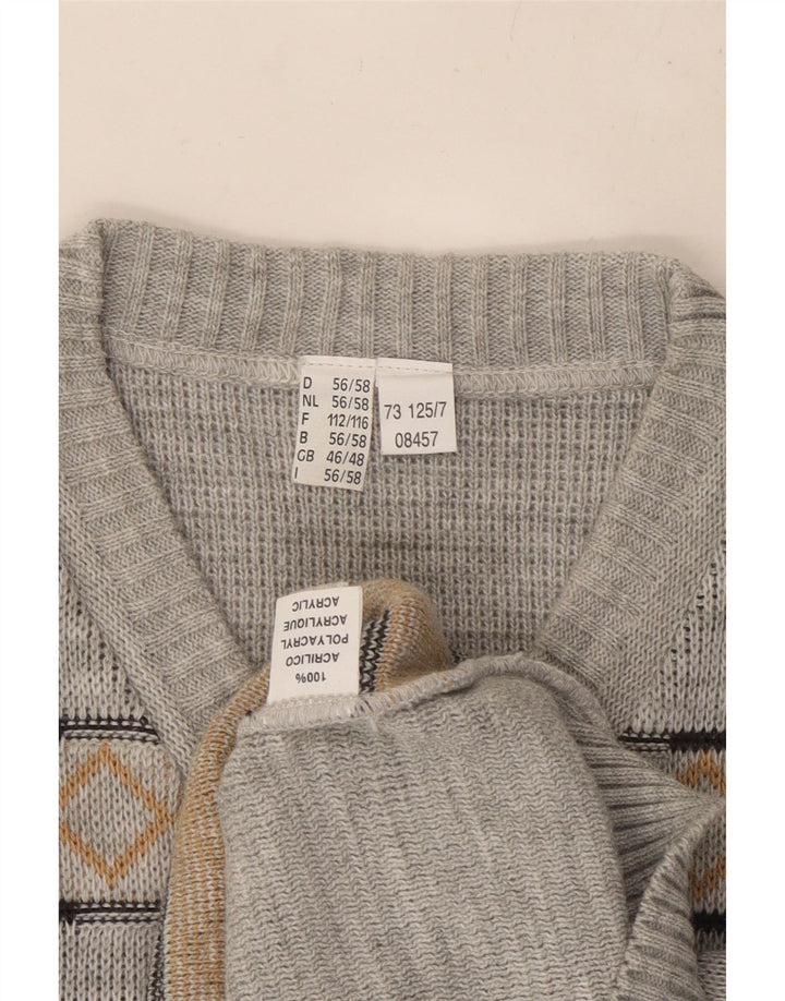 VINTAGE Pull col V pour homme UK 46/48 2XL Gris Argyle/Diamant