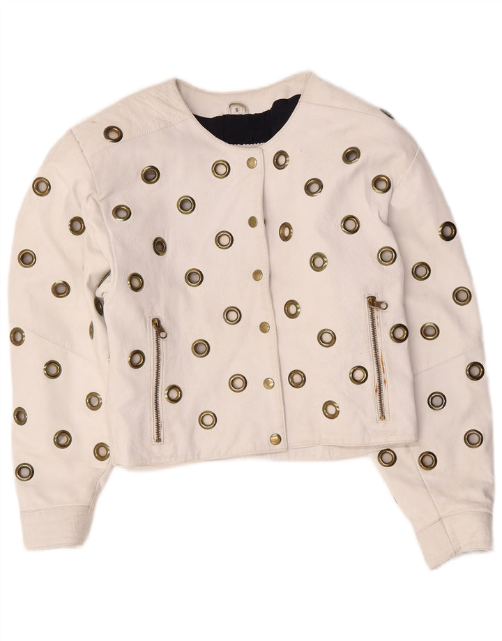 veste en cuir crop femme vintage UK 10 petit cuir blanc