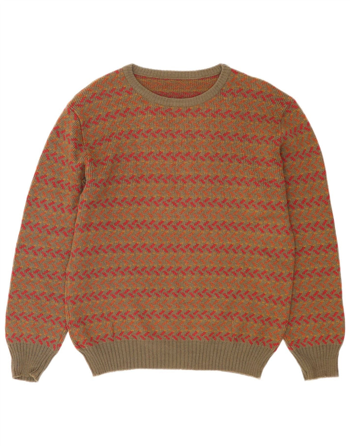 vintage Mens Crew Neck Jumper Pull Moyen Kaki Laine Géométrique