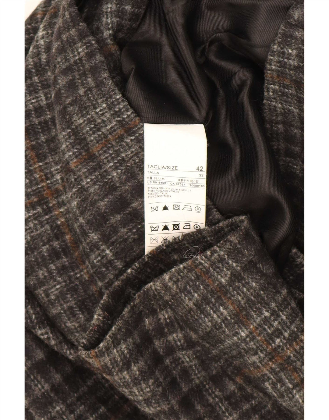 Benetton Duffle Jacket À Capuche Femme IT 42 Gris Moyen Carreaux Acrylique