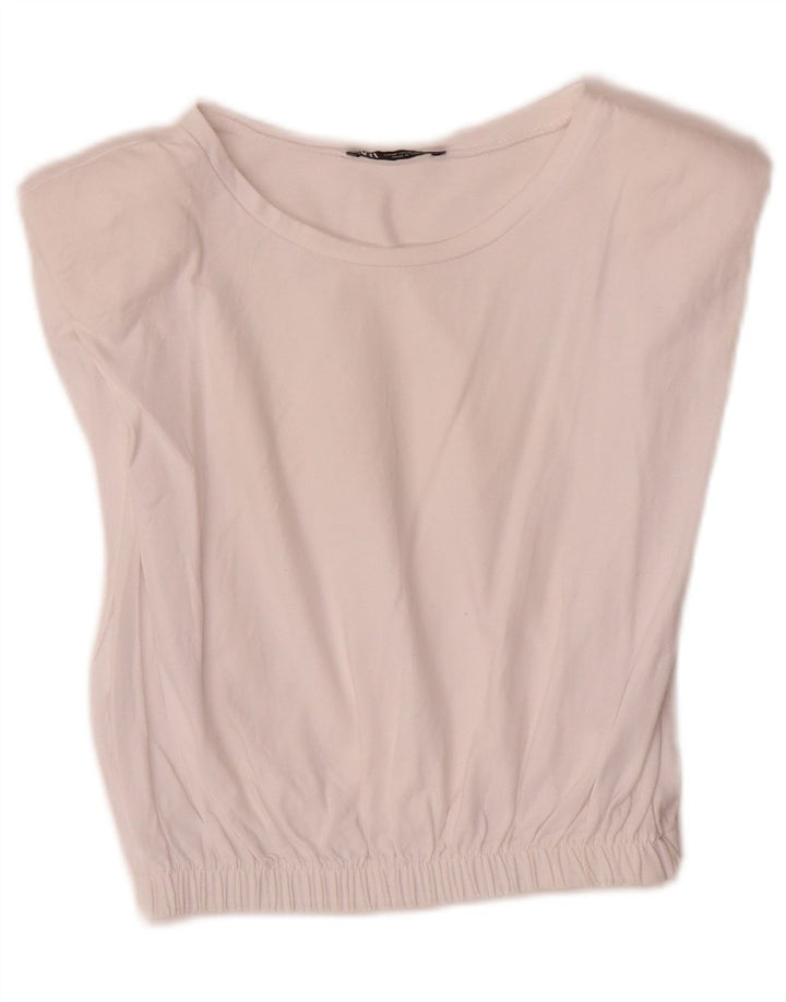 Zara Womens Crop Blouse Top UK 12 Coton Blanc Moyen